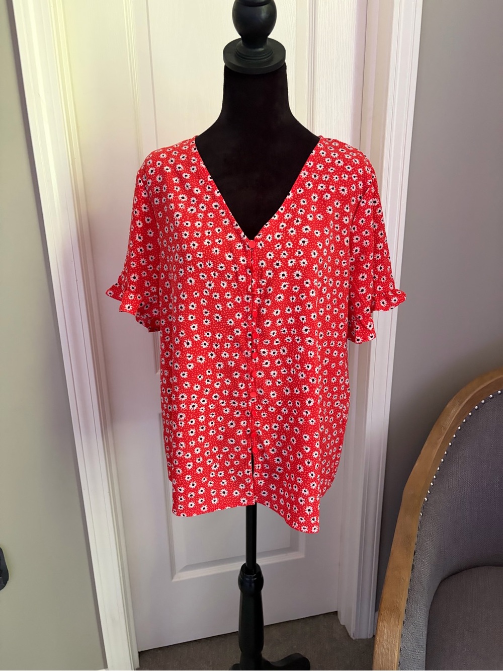 CeCe Red Floral V-Neck Button Front Top